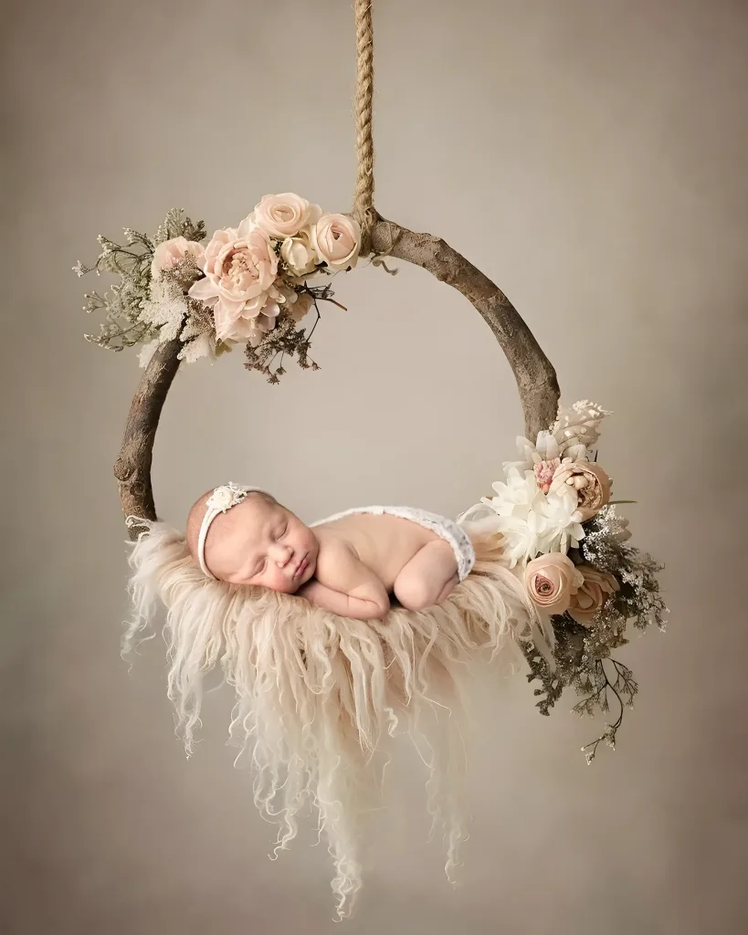 Nyfödd bebis sover på en fluffig filt på en blomsterdekorerad trägunga i studiomiljö.