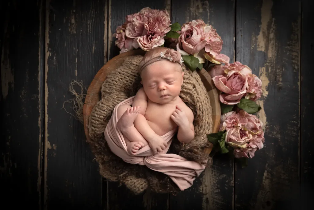 Nyfödd flicka sover inlindad i rosa tyg i en träskål dekorerad med blommor.