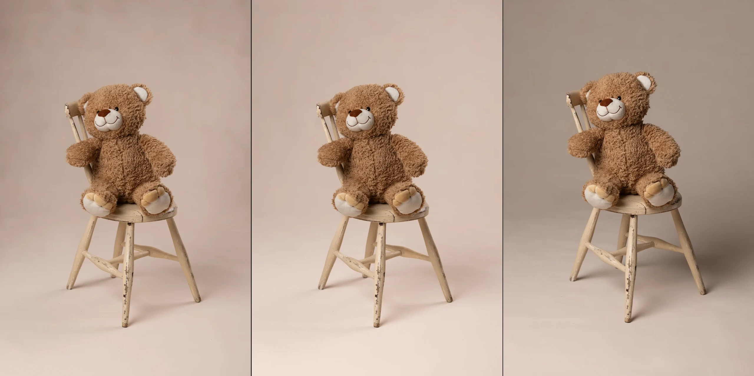 Bakgrunder-BEIGE_3nyanser Beige studiebakgrund som vägg och golv med olika ljussättning och redigering för babyfotografering